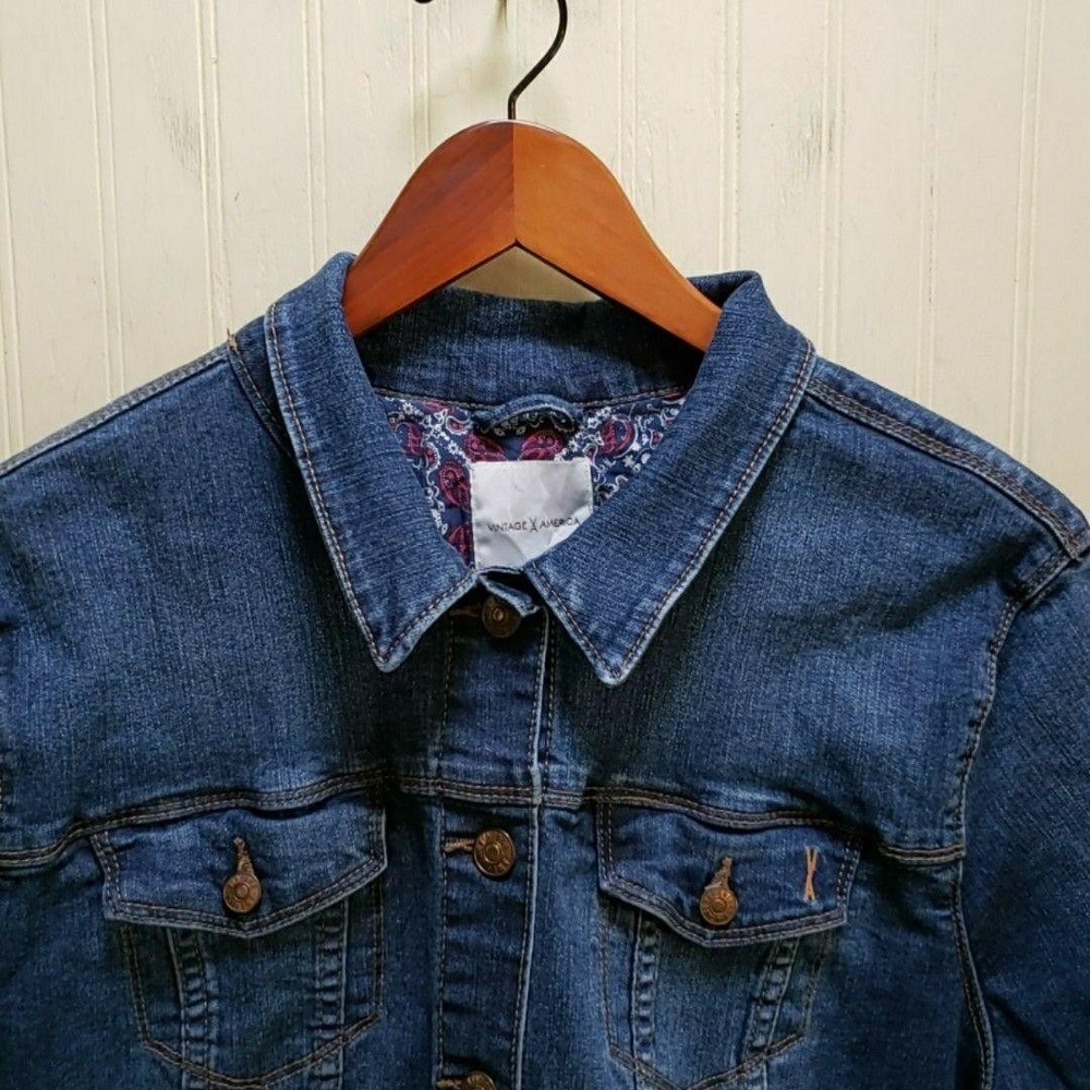 Vintage America‎ Jacket Womens XXL Blue Denim Button Front Stretch Pockets Lined